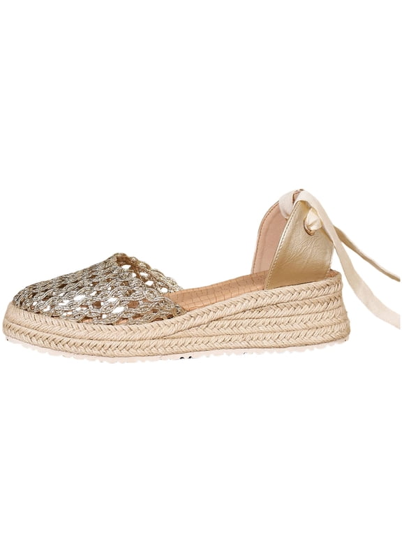 Sandals for Women Versatile Plus-Size Straw Weaving Wedge Heel One-strap Spring/Summer Style Trendy And Comfortable Espadrilles Gold 39