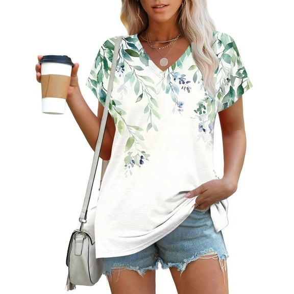 GaThRRgYP Short Sleeve Shirts for Girls,Women's Fashion Casual Comfortable Printed Short Sleeved V-Neck T-Shirt Blouse Green L