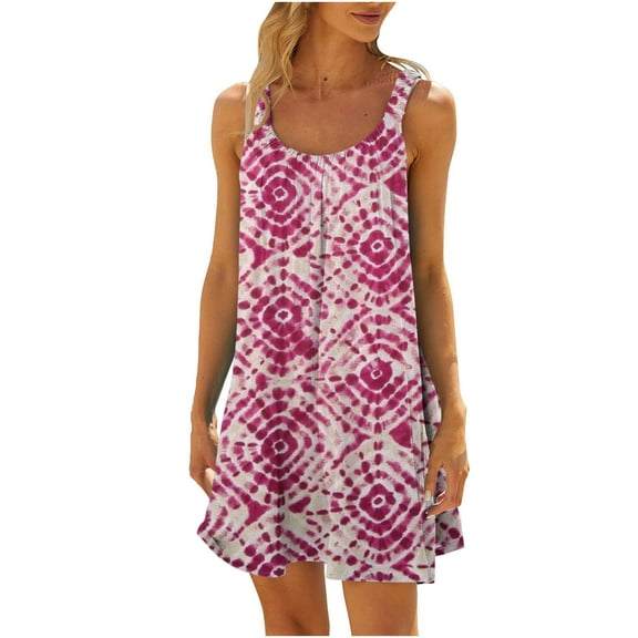 LEAVINGSUO Sleeveless Dresses for Women 2024 Beach Dresses Women Sexy Hawaiian Tropical Printed Sleeveless Sling Mini Dress Summer Loose Comfy Boho Sundress