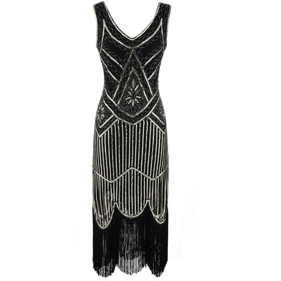 LEAVINGSUO Sleeveless Dresses for Women Casual Summer Plus Size Vintage 1920s Flapper Tassel Great Evening Party Cocktail Dress