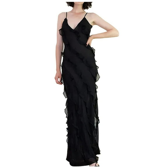 LEAVINGSUO Sleeveless Dresses for Women Casual Summer Women's Chiffon Long Dress Sexy Hanging Strap Open Back Split Ruffle Dress