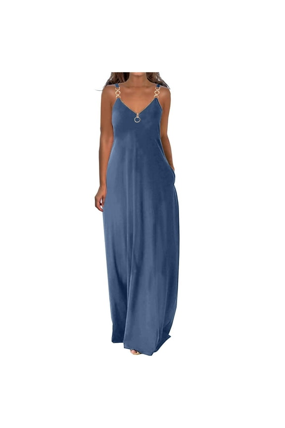 Sleeveless Dresses for Women Plus Size Summer Dresses for Women Casual Boho Solid Color Hoop Sling Beach Long Maxi Dress with Pockets