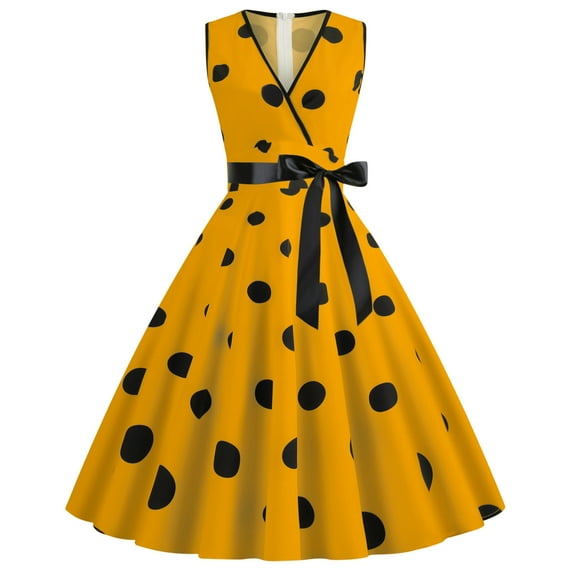 LEAVINGSUO Sleeveless Dresses for Women Plus Size Women Vintage Retro V-Neck Sleeveless Print Evening Party Prom Dress