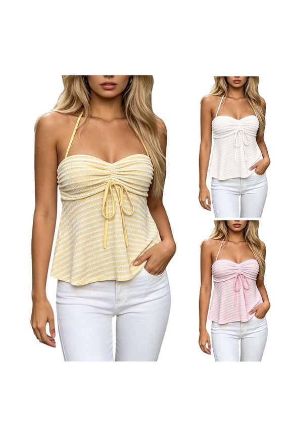 Spaghetti Strap Top for Women Striped Drawstring Ruched Peplum Cami Top White M