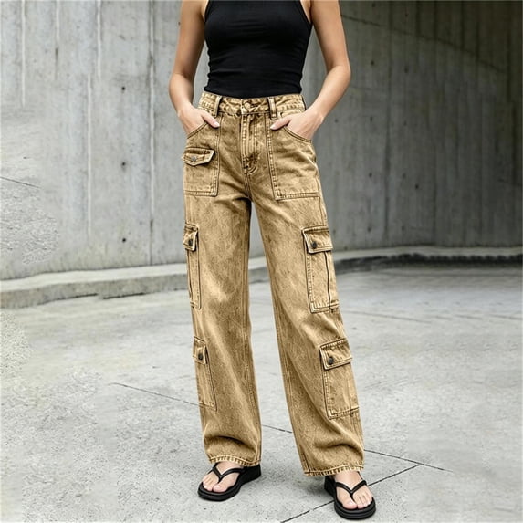 LEAVINGSUO Straight Leg Cargo Jeans Trousers for Women Fashion High Waisted Pockets Solid Color Button Zipper Casual Denim Pants Khaki XL