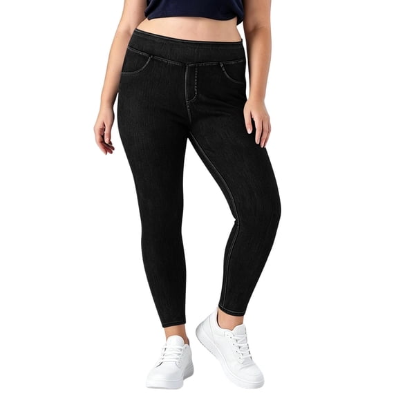 LEAVINGSUO Stretchy Jeans for Women Plus Size Elastic Waist Pocket Full Length Denim Pant Black XXXXL