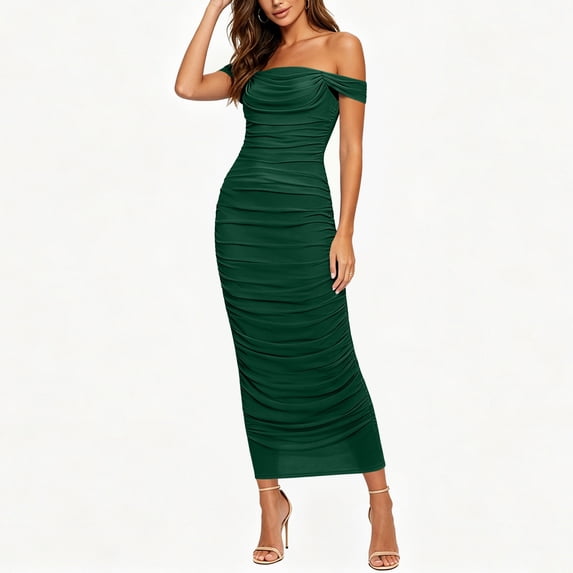LEAVINGSUO Summer Dresses For Women Fashion Skirt Sleeveless Off-The-Shoulder Sleeveless High Waist Dresses Solid Color Army Green XL