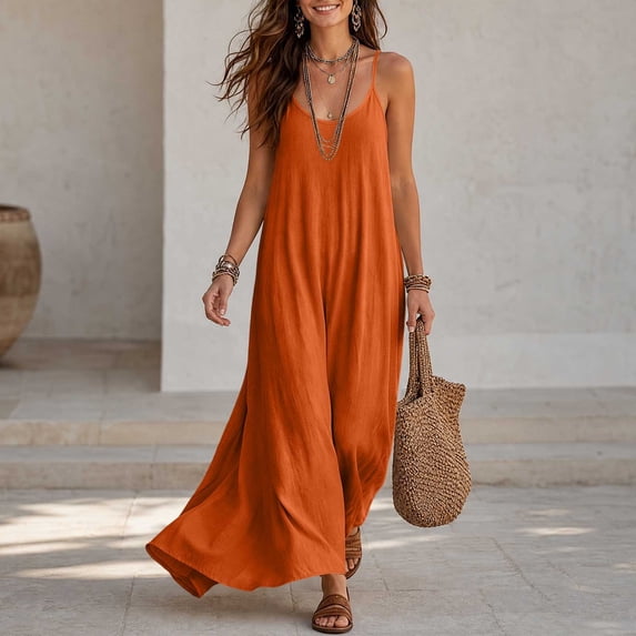 LEAVINGSUO Summer Dresses For Women Round Neck Thin Spaghetti Straps Sleeveless Skirt Solid Loose Casual Maxi Dress Orange XL