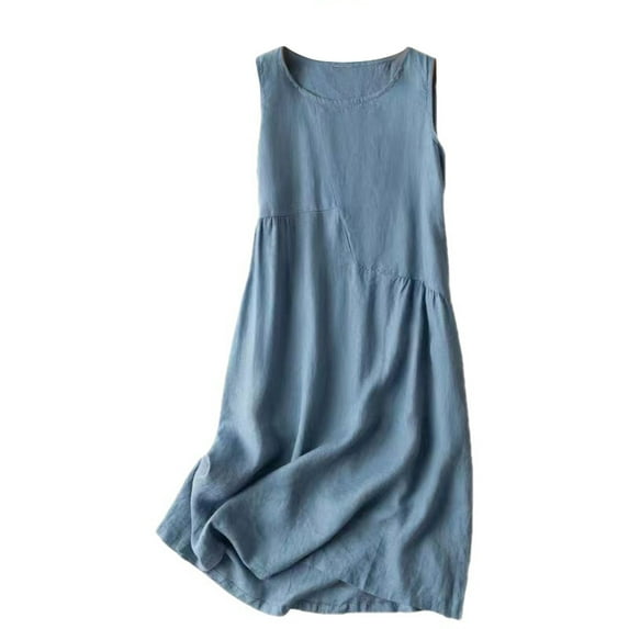 LEAVINGSUO Summer Dresses for Women 2024 Summer Women's Cotton Linen Solid Loose Sleeveless Round Neck Mid Calf Dress