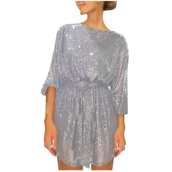LEAVINGSUO Summer Dresses for Women Women's Fashion Crewneck Sequin Sleeve Solid Mini Dress formal Dress Silver M