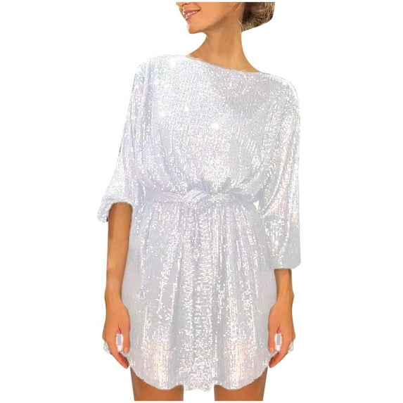 LEAVINGSUO Summer Dresses for Women Women's Fashion Crewneck Sequin Sleeve Solid Mini Dress formal Dress White XL