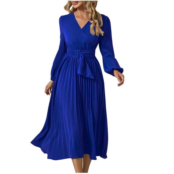 LEAVINGSUO Summer Dresses for Women Women's Summer Slim Pleated Belt Long Sleeve V-Neck A-Line Dress Blue S
