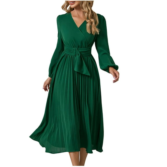 LEAVINGSUO Summer Dresses for Women Women's Summer Slim Pleated Belt Long Sleeve V-Neck A-Line Dress Green L