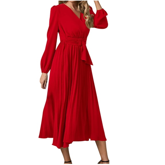 LEAVINGSUO Summer Dresses for Women Women's Summer Slim Pleated Belt Long Sleeve V-Neck A-Line Dress Red L