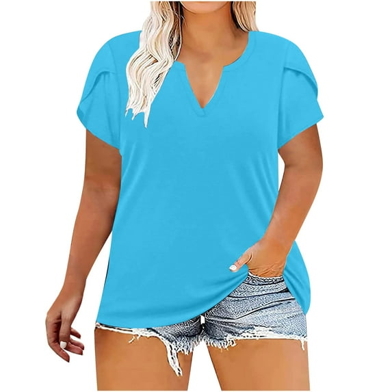 LEAVINGSUO Summer Tops for Women 2024! Women Fashion Casual Solid Color Short Sleeve Loose Plus Size Tee Tops V-neck Tunic Blouse