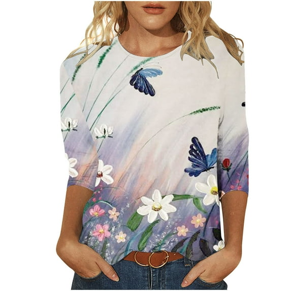 LEAVINGSUO Summer Tops for Women 2024! Women's Fashion Printing Loose T-Shirt Mid-length 3/4 Sleeves Blouse Round Neck Casual Tops