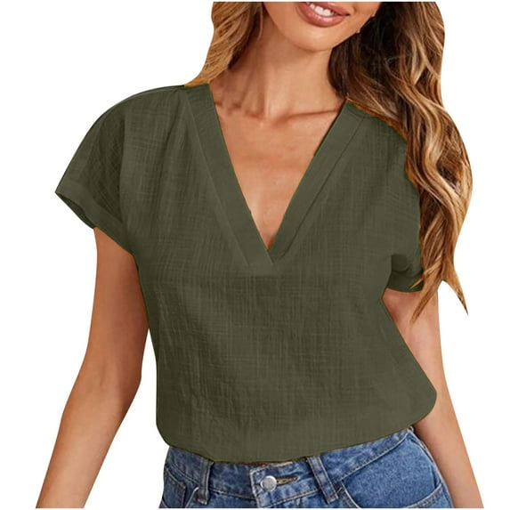 LEAVINGSUO Summer Tops for Women 2024! Womens Casual Solid Color Round Neck Short Sleeve Loose Tops Blouses