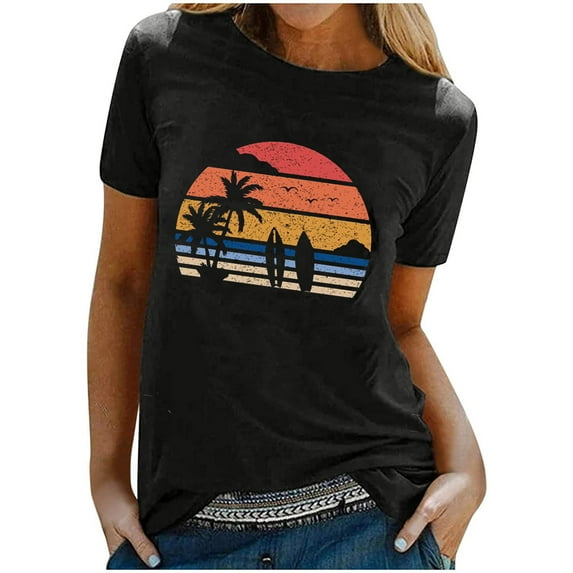 LEAVINGSUO Summer Tops for Women Clearance Ladies Tops Summer Surfing Beach Printed Women Summer Short Sleeve Blouse Shirt T-Shirt