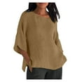 thumbnail image 1 of LEAVINGSUO Summer Tops for Women Ladies Tops Women's Summer Fashion Cropped Sleeves Round Neck Cotton Line Loose Shirt Blouse, 1 of 6