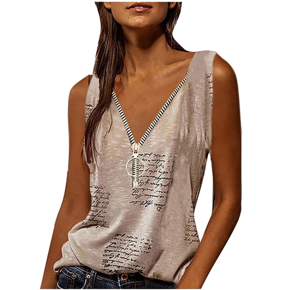 LEAVINGSUO Summer Womens Tank Tops Women's Fashion Casual Printed Vest Zipper V-Neck Loose Sleeveless T-Shirt Pullover Tops Khaki L