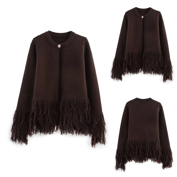 LEAVINGSUO Sweaters for Women Knit Pullover Sweater Round-Neck Sweater Long-Sleeve Fringe-Detailed Fashion Knitted Cardigan Coat Brown S