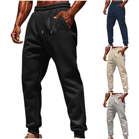 LEAVINGSUO Sweatpants for Men Plus Size Casual Solid Color Elastic Waistband Drawstring Fleece Pocket Outdoor Sports Sweatpants Khaki M