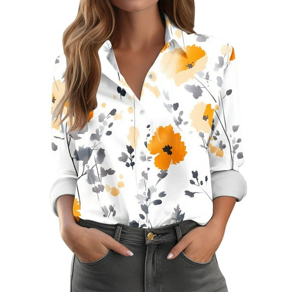 GaThRRgYP Sweatshirt for Women Long Sleeve,Women's Fashion Long Sleeve Turndown Collar Casual Printed Lapel Button Up Shirt White S
