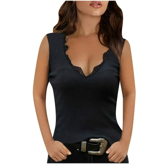 LEAVINGSUO Tank Tops for Women under $5 Fashion Women Casual Solid Short Sleeve V-Neck Lace Vest Blouse Tops Black L