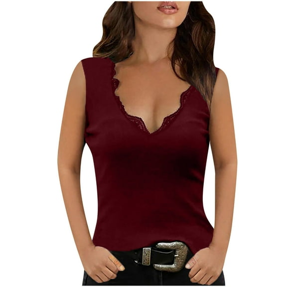 LEAVINGSUO Tank Tops for Women under $5 Fashion Women Casual Solid Short Sleeve V-Neck Lace Vest Blouse Tops Red XL