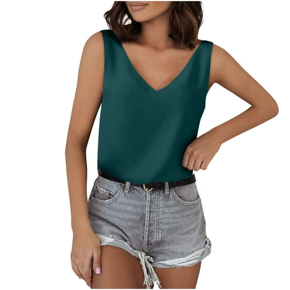 LEAVINGSUO Tank Tops for Women under $5 Women Sexy V-Neck Summer Satin Sleeveless Blouse Basic Solid Camisole Tank Tops Army Green XL