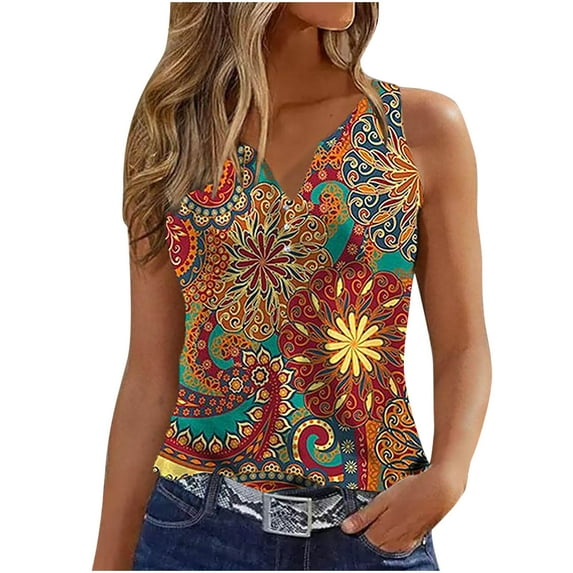 LEAVINGSUO Tank Tops for Women under $5 Womens Tank Summer Printed Buttons Sleeveless V-Neck Casual Blouse Button Tunic Tops Multicolor S