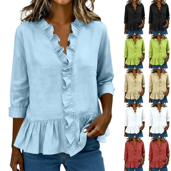 LEAVINGSUO Top for Women Plus Size Women's Solid Blouse 3/4 Sleeve Ruffle V-Neck Shirt Mint Green XXXL
