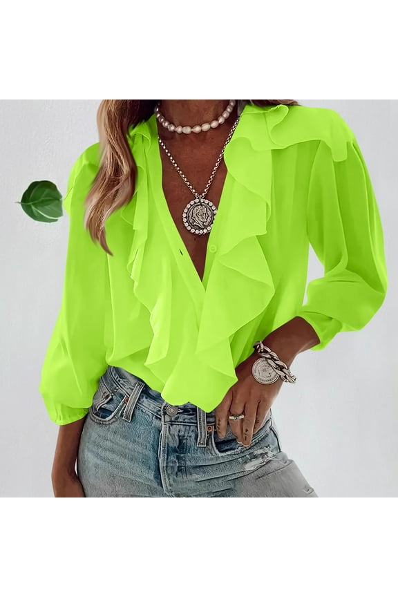 Tops for Women Plus Size,Women Casual Solid Long Sleeve Ruffle V-Neck Shirt Blouse Tops Yellow XL