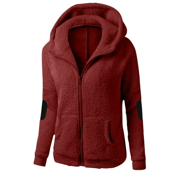 GaThRRgYP Trendy Everyday Jacket Ladies Autumn Winter,Women Hooded Sweater Coat Winter Warm Wool Zipper Coat Long Sleeve Outwear Red XL