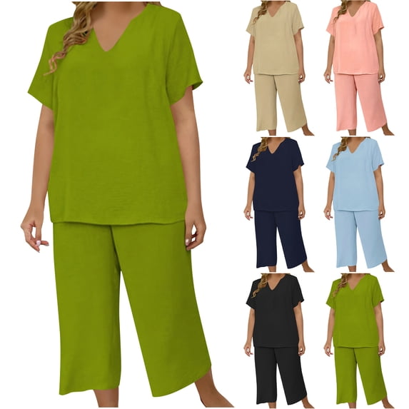 LEAVINGSUO Two Piece Sets for Women Plus Size Ladies' Plus Size Elegant And Fashionable Solid Color Short Sleeved Top And Wide Leg Pants Green XL