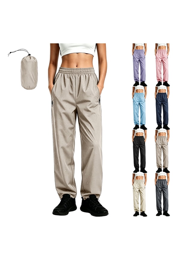 Waterproof Rain Pants Ladies Elastic Waist Hiking Pants Breathable Quick Dry Pants with Zipper Pockets Pink S