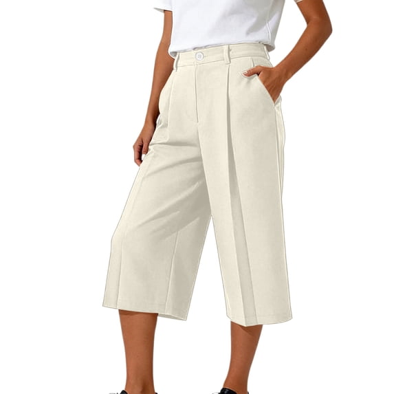 LEAVINGSUO Wide Leg Pants for Women Plus Size Women's High Waist Culottes Pleated Front Cropped Pants With Pockets Beige M