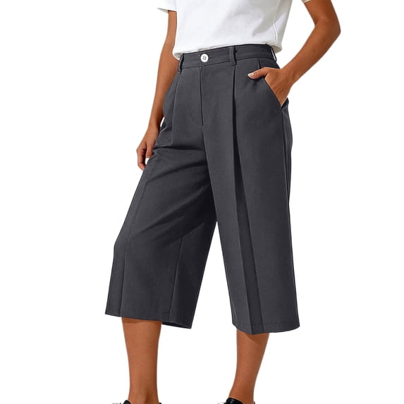 LEAVINGSUO Wide Leg Pants for Women Plus Size Women's High Waist Culottes Pleated Front Cropped Pants With Pockets Gray S