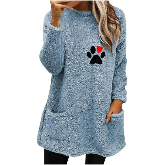 LEAVINGSUO Winter Clothes Clearance for Women Long Sleeve Fashion Women's Round- Neck and Winter Loose Print Pocket Warm Long Sleeve Blouse Tops Light Blue XL