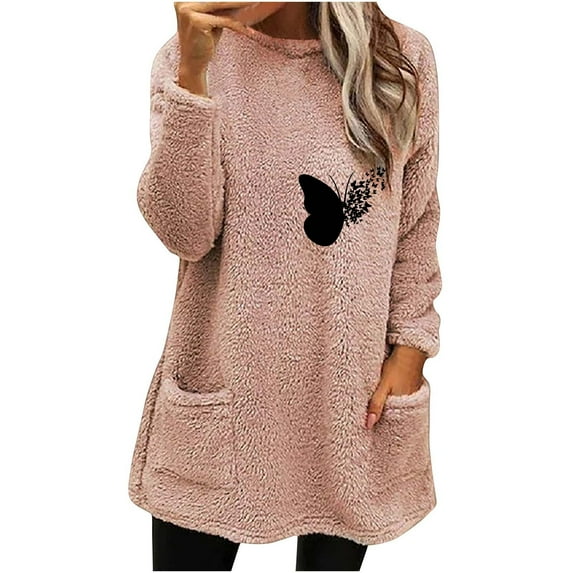 LEAVINGSUO Winter Clothes for Women Long Sleeve Fashion Women's Round- Neck and Winter Loose Print Pocket Warm Long Sleeve Blouse Tops Pink XXXL