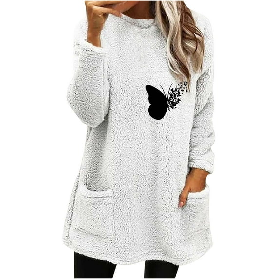 LEAVINGSUO Winter Clothes Clearance for Women Long Sleeve Fashion Women's Round- Neck and Winter Loose Print Pocket Warm Long Sleeve Blouse Tops White XXXL