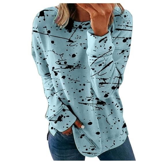 LEAVINGSUO Winter Clothes Clearance for Women Long Sleeve Fashion Women Print Long Sleeve Comfortable Breathable Round-Neck Shirt Tops Light Blue XXL