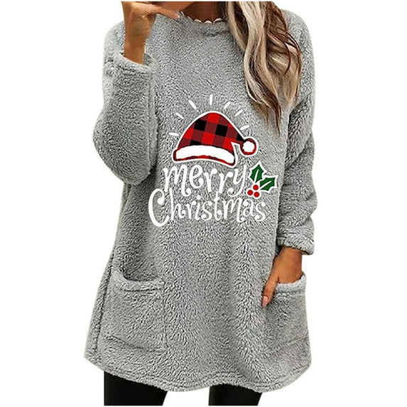 LEAVINGSUO Winter Clothes Woman Women's Christmas Round- Neck and Winter Loose Print Pocket Warm Long Sleeve Blouse Tops