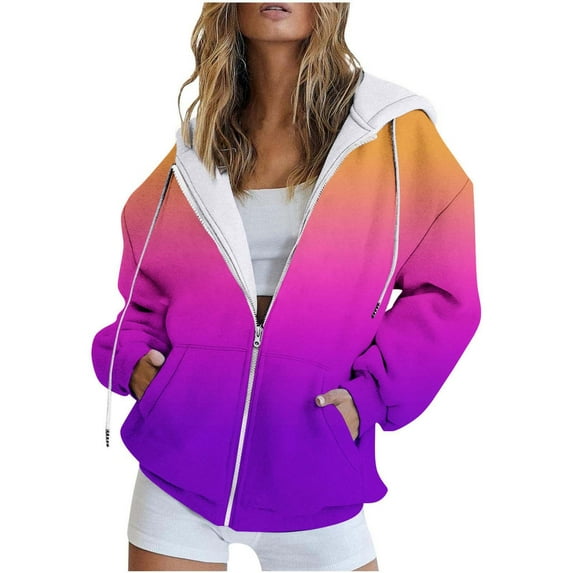 LEAVINGSUO Winter Clothes for Women 2023 Womens Fashion Women's Fashion Casual Print Zip Hood Long Sleeve Pocket Jacket Top