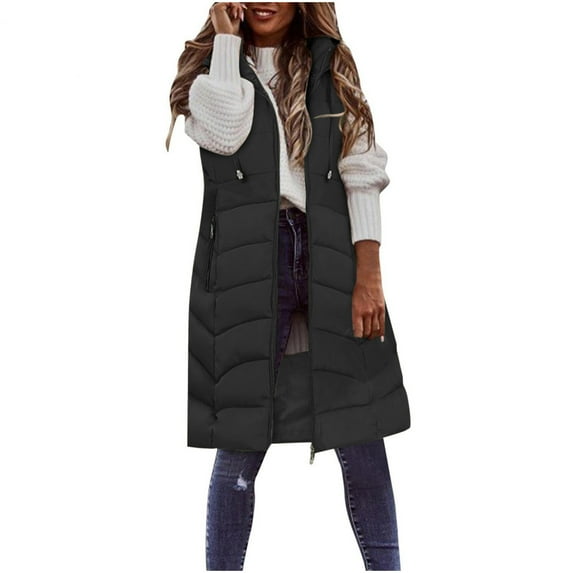 LEAVINGSUO Winter Coats for Women 2023 Trendy Women Warm Hooded Long Sleeve Zipper Jacket Sleeveless Parkas Coats Tops Wth Pocket