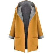 LEAVINGSUO Winter Coats for Women 2023 Trendy Women's Medium Length Long Sleeved Hooded Loose Plush Woolen Trench Coat