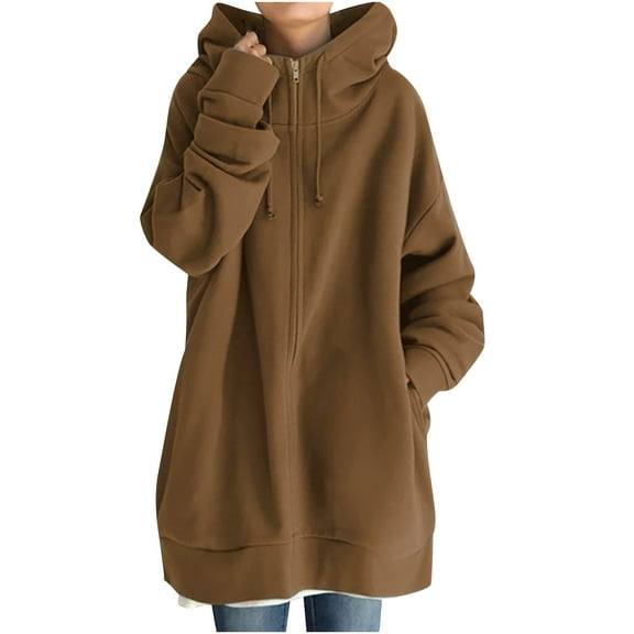 LEAVINGSUO Winter Coats for Women Womens Tops Plus Women's Solid Color Hoodie Zipper Long Sleeve Sweatshirts Long Coat Tops with Pockets