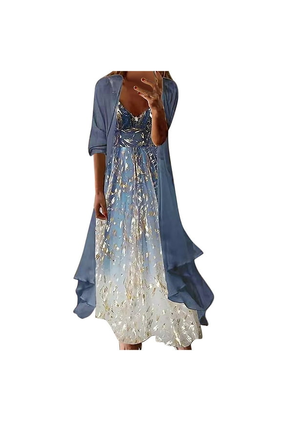Women's Casual Dresses Women's Summer 3/4 Sleeve Smock + Dress Two Piece Set Long Dress Beach Maxi Dress Blue XXXL
