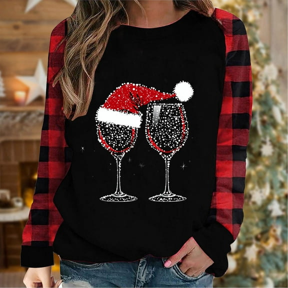 LEAVINGSUO Women's Cotton Crewneck Tee with Long Sleeves,Women's Winter Printed Loose T-shirt Long Sleeves Blouse Round Neck Casual Black XL