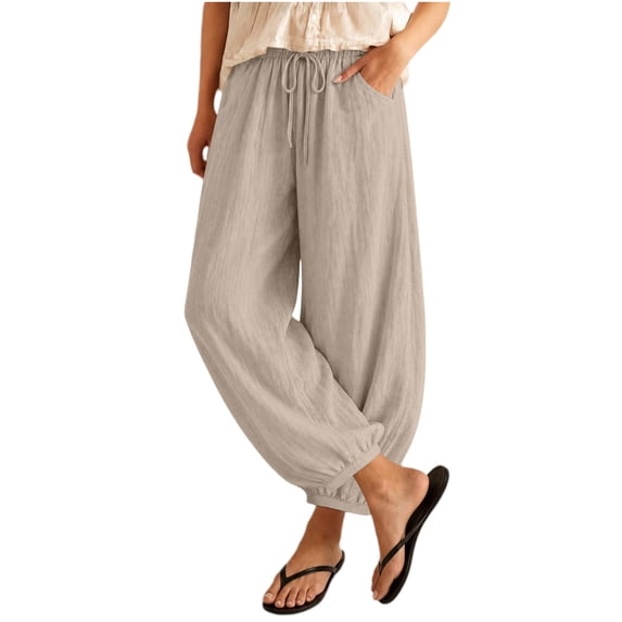 LEAVINGSUO Women's Cotton Linen Pants Drawstring Elastic Waist Loose Fit Baggy Trousers with Cuffed Hem Khaki M
